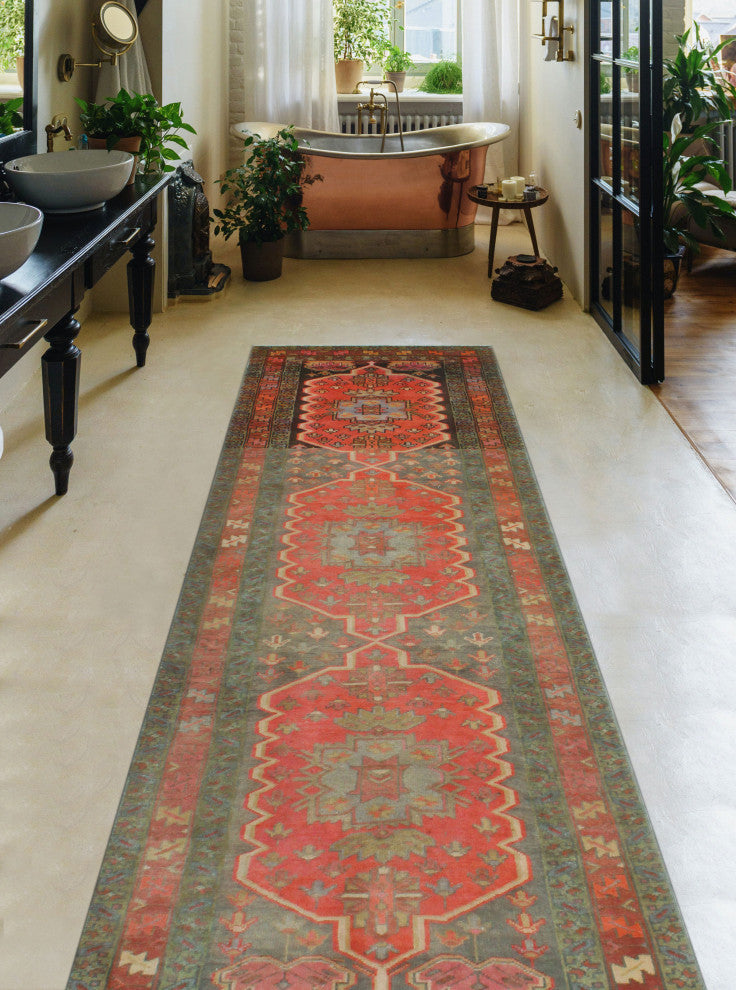 Fine Vintage Distressed Rania Charcoal/Rust Runner, 3'3x10'11