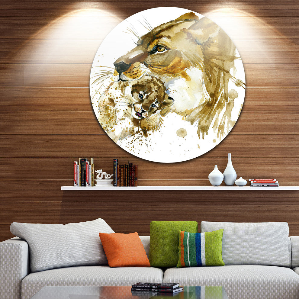 Lioness And Cub Illustration, Animal Round Metal Wall Art, 11"