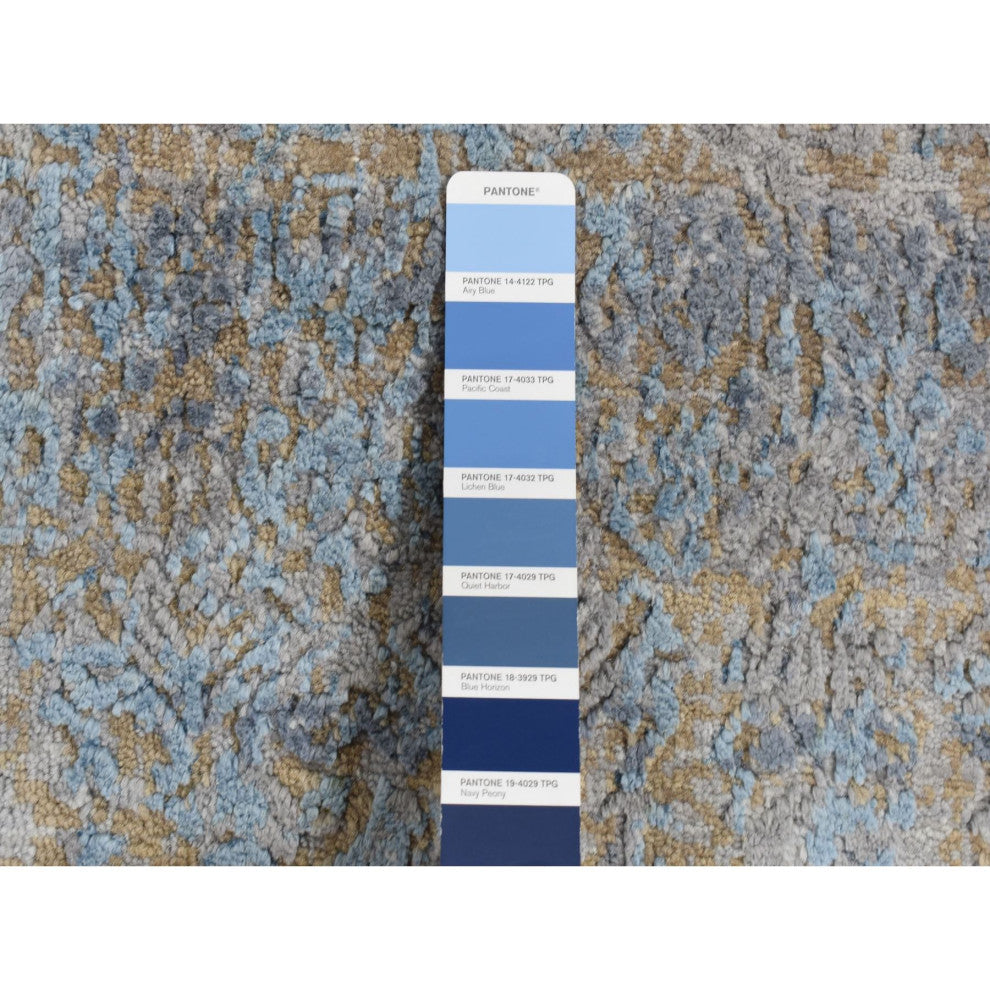 Blue Silk with Wool Tone on Tone Modern Design Hand Knotted Rug 8' x 10'