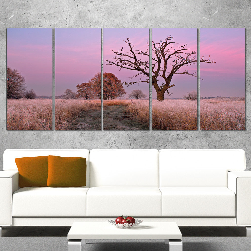"Fairy Autumn Sunrise With Lonely Tree" Landscape Wall Art, 5 Panels, 60"x28"