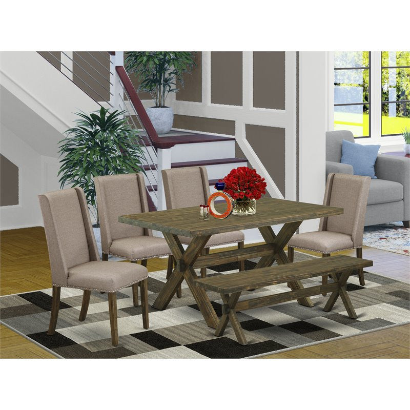 6-Piece Set, Dark Khaki Seat Chair Chairs, Bench and Top Table, and Jacobean
