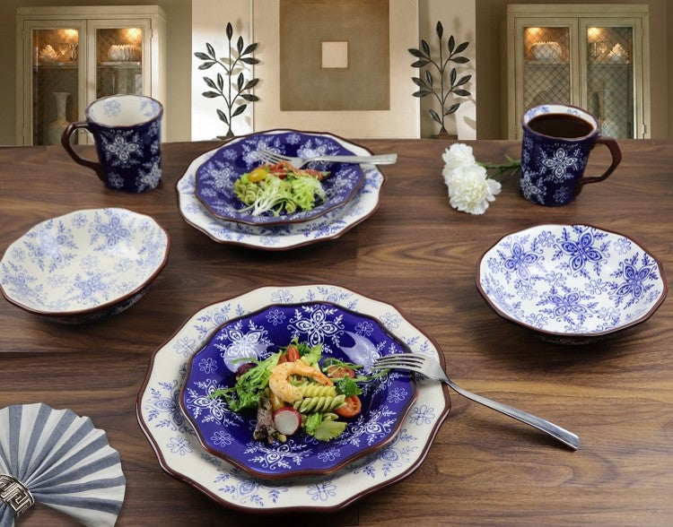 Samana Collection 16 Piece Euro Blue Wavy Edge Stoneware Set