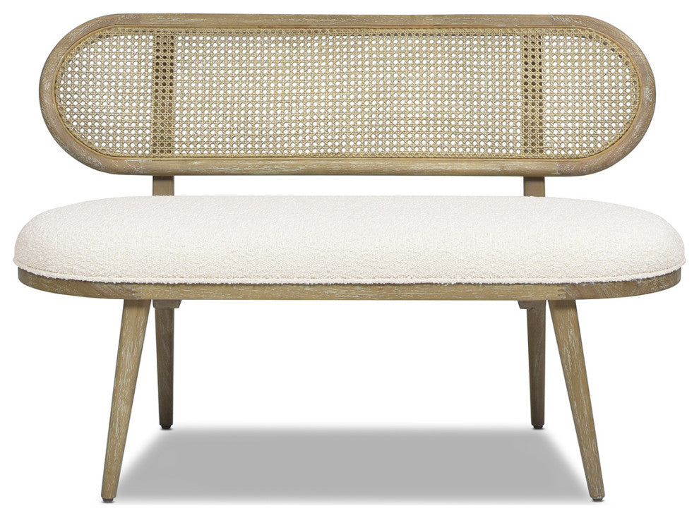 Havana 48" Boucle Upholstered Cane Rattan Bench, Ivory White