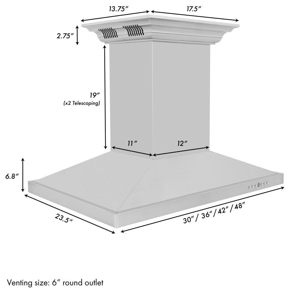 30" ZLINE CrownSound Ducted Vent Island Mount Range Hood, GL2iCRN-BT-30