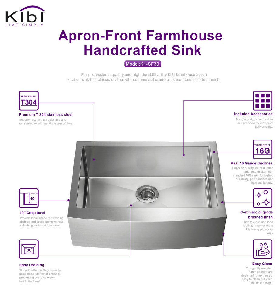 KIBI Handcrafted Farmhouse Apron Single Bowl Stainless Steel Kitchen Sink, 30"