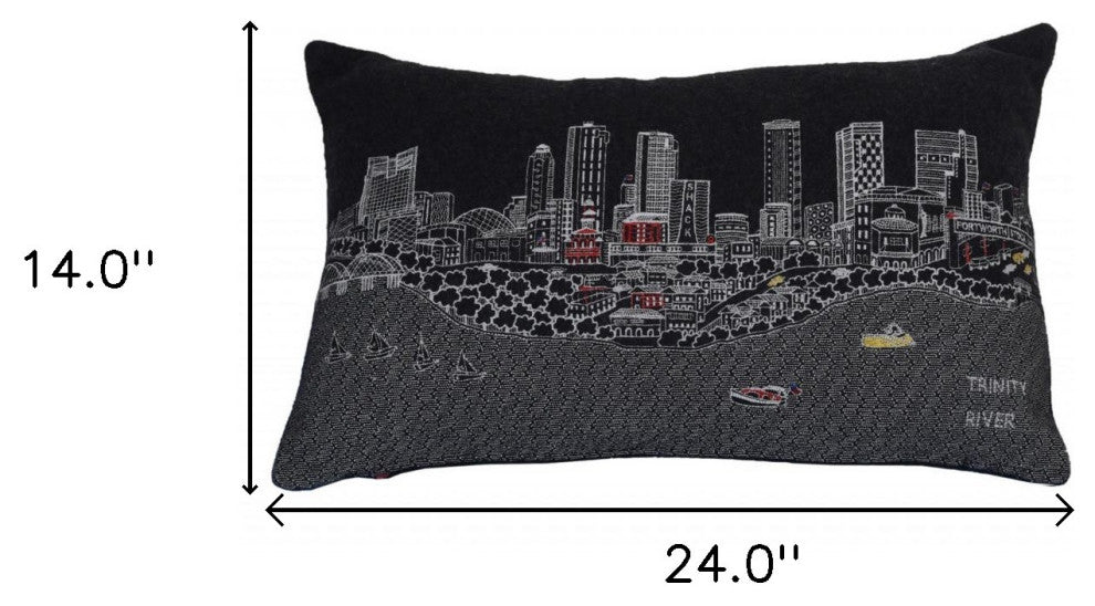 25" Black Fort Worth Nighttime Skyline Lumbar Decorative Pillow