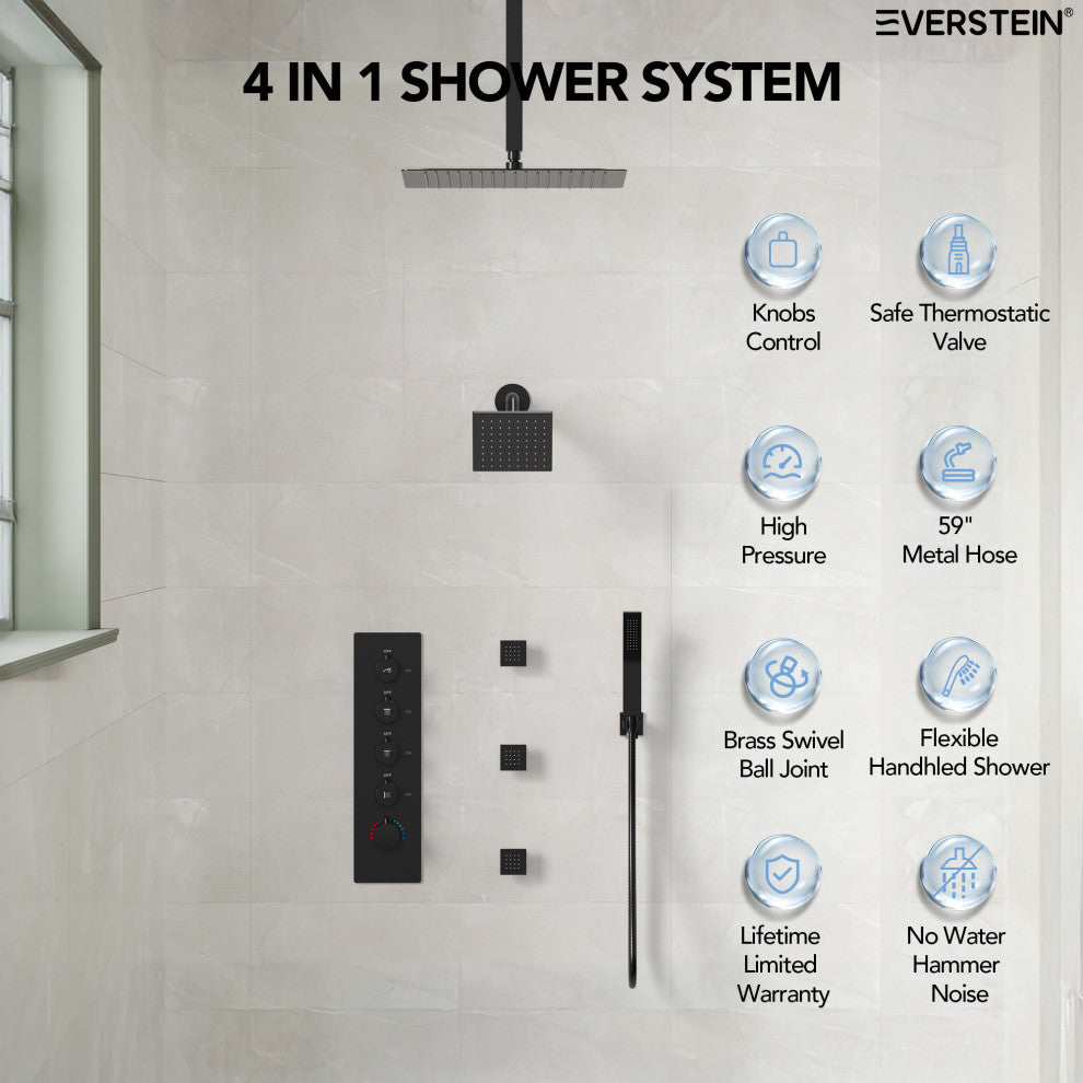 Dual Shower Heads 16" Thermostatic Shower System With Body Jets, Matte Black