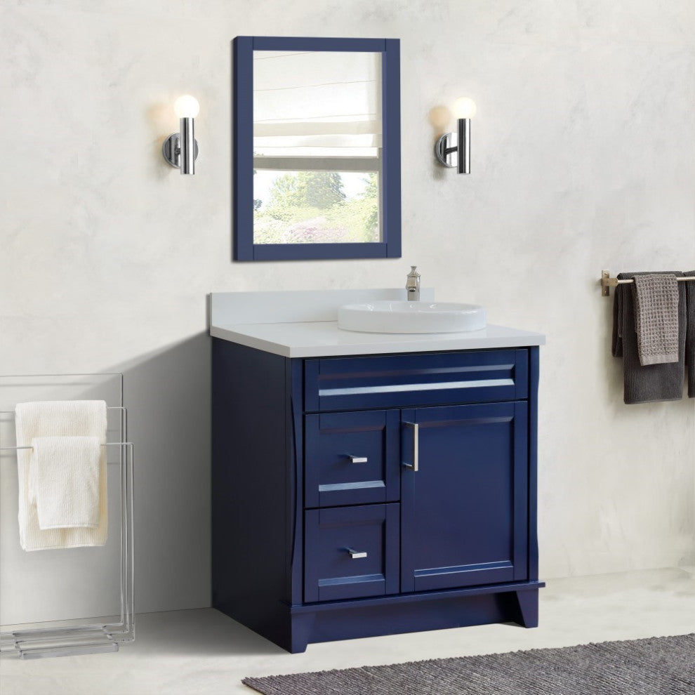 37" Single Sink Vanity, Blue Finish With White Engineered Stone Top