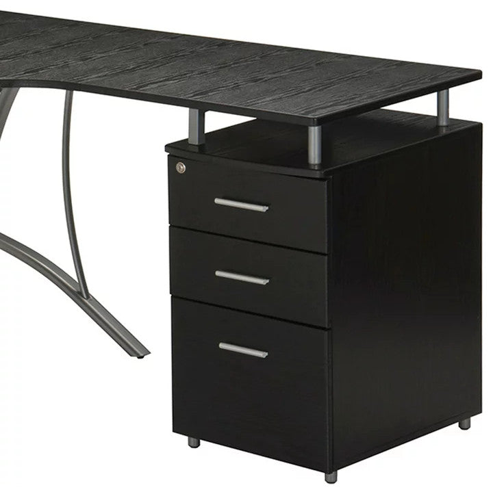 Modern L-Shaped Desk, Lockable File Cabinet & Spacious Curved Worktop, Espresso