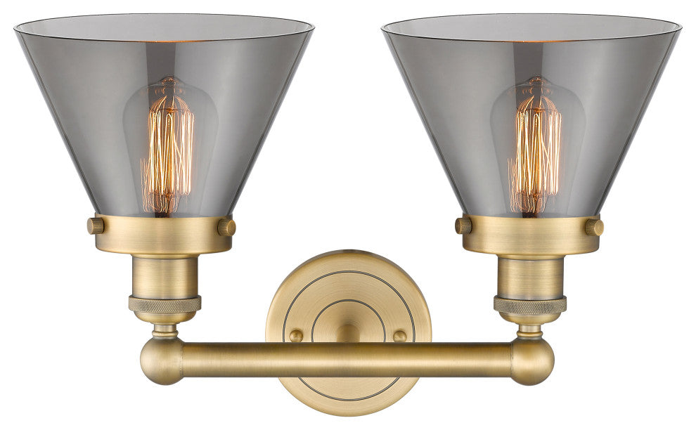 Edison Large Cone-2 Lt 16"Bath Vanity Lt-Brushed Brass Finish-Plated Smoke Shade