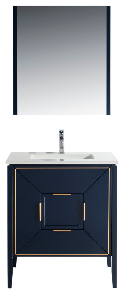Vetro 30" Vanity With Quartz Counter Top, Gloss White, Navy Blue