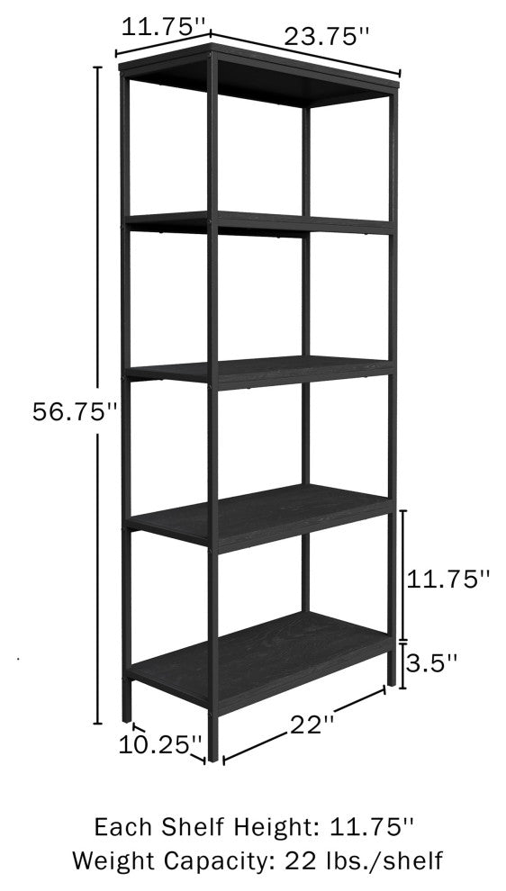 5-Tier Bookshelf Open Industrial Style Etagere Wooden Rustic Shelving Unit
