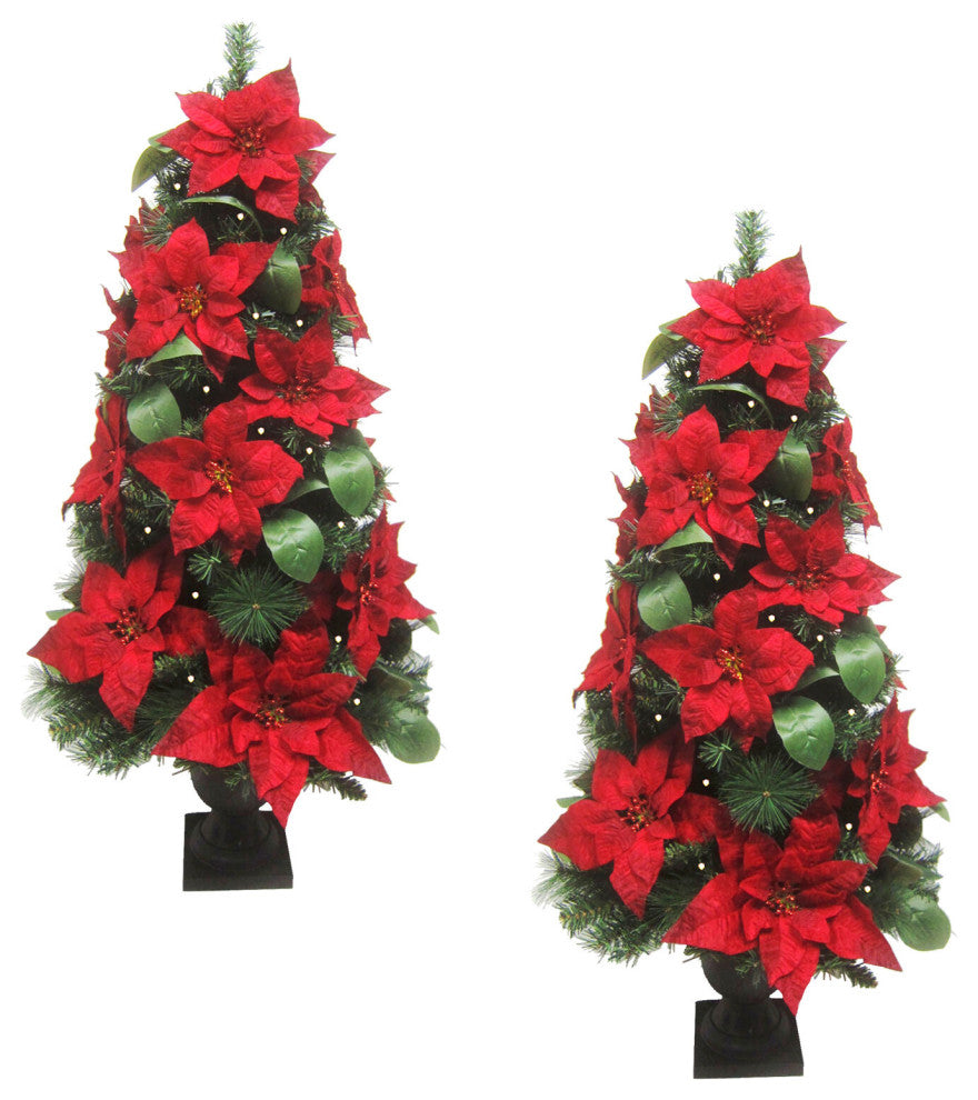 4' Pre Lit Christmas Porch Tree, Velvet Poinsettia and Leaf Accents, Set of 2