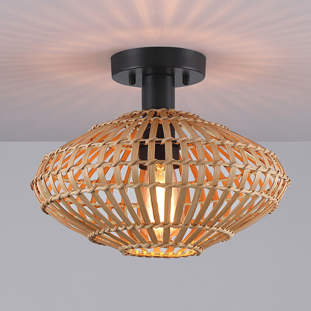 13" W 1-Light Eclectic Natural Rattan and Bamboo Semi-Flush Mount Ceiling Light