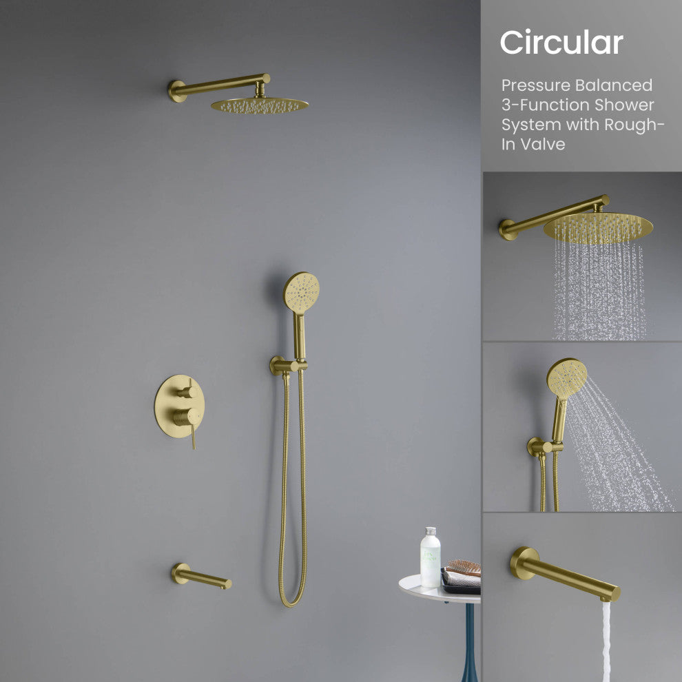 Circular Pressure 3-Function Shower System, Rough-In Valve, Brushed Gold