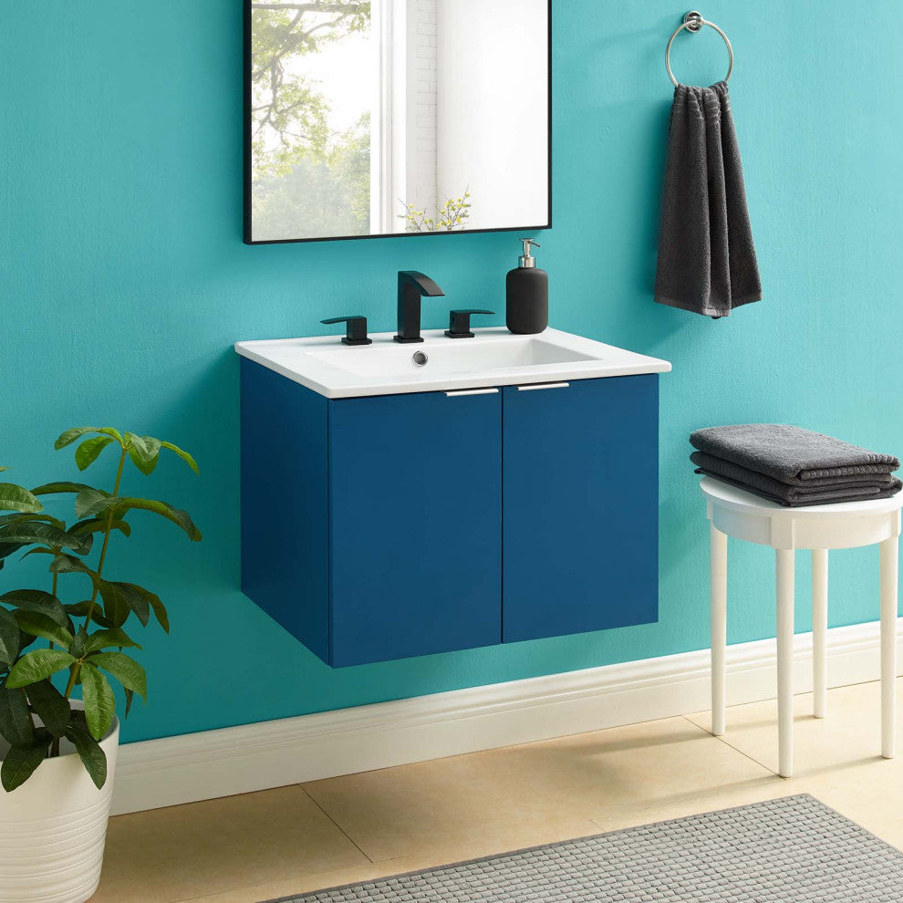 Sink Vanity Cabinet, Wall Mounted, Melamine, Blue Navy White, Modern, Bathroom