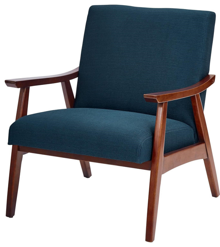 Mid-Century Armchair, Espresso Frame with Cushioned Seat & Back, Azure Blue