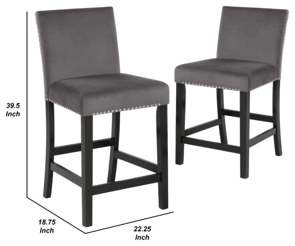 Kate 40 Inch Wooden Counter Height Chair with Velvet Seat, Set of 2, Gray
