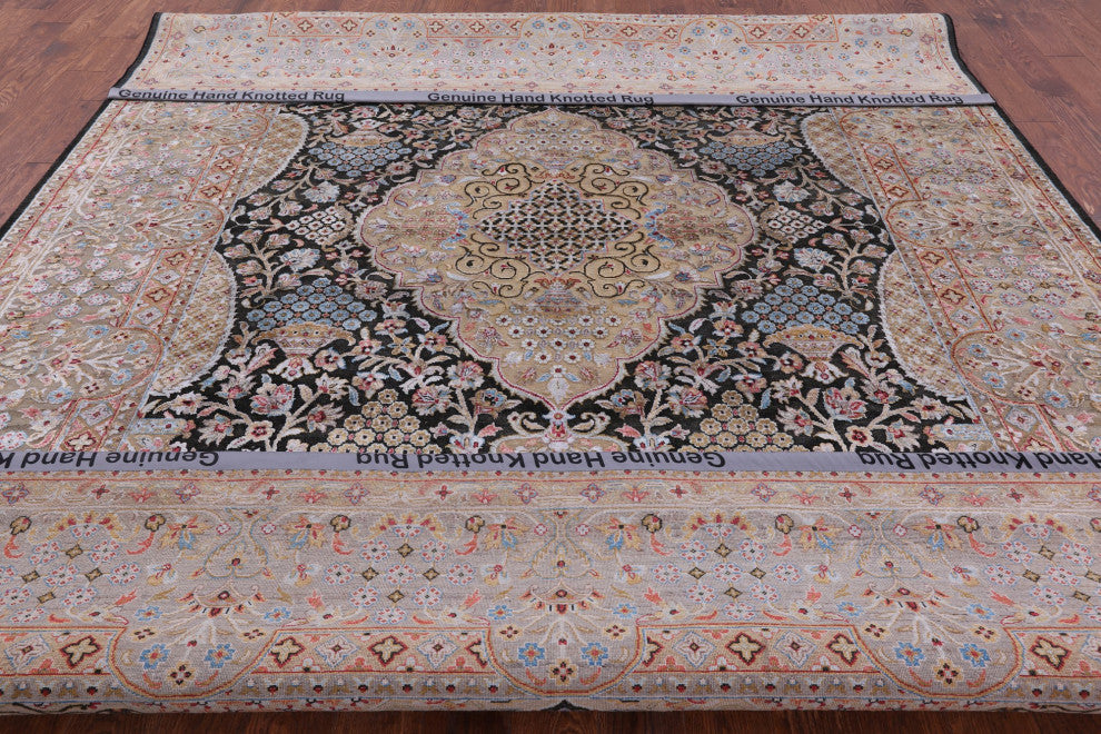 8' 11" X 11' 10" Persian Wool and Silk Hand Knotted Rug Q5963