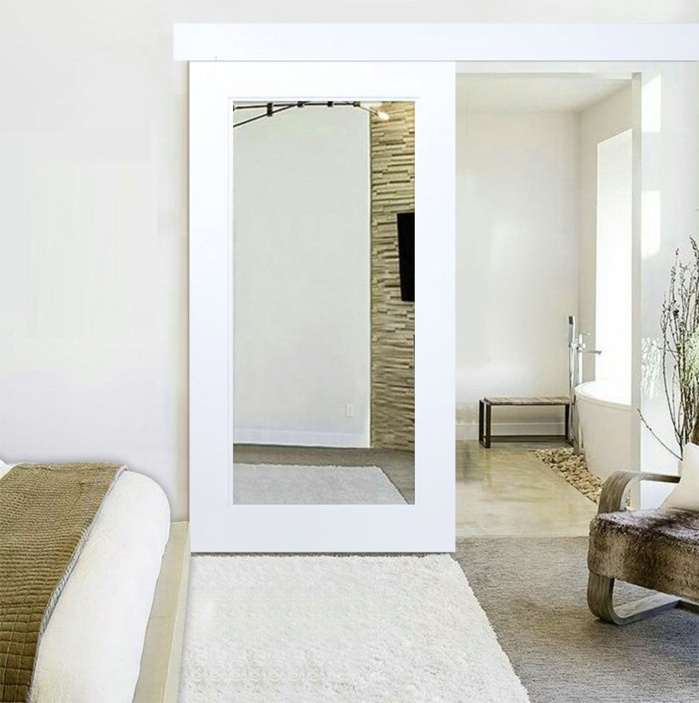 White Primed Mirror Sliding Barn Door with Hardware Kit., Hardware With Fascia, 42"x84" Inches, 1x Mirror One-Side