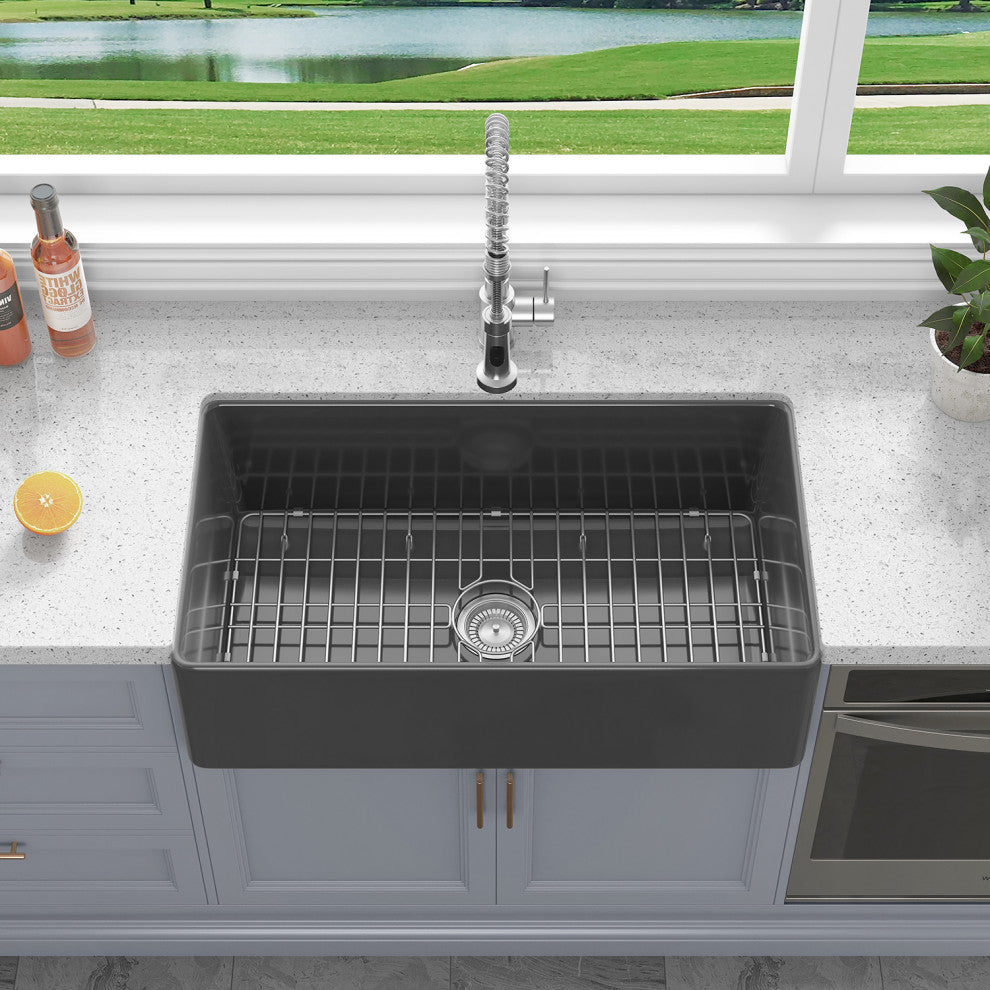 Sinber Farmhouse Apron Single Bowl Kitchen Sink with Fireclay 2 Accessories, Black, 33" X 18"