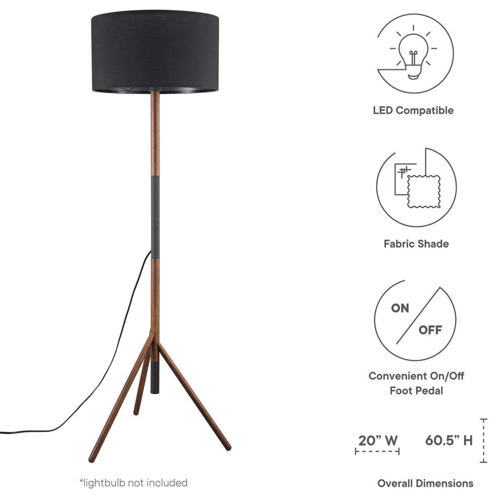 Floor Lamp Light, Black Brown Walnut, Wood, Modern Cafe Bistro Hospitality