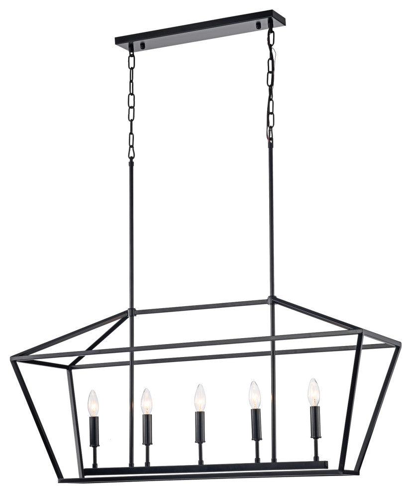 5-Light Matte Black Linear Lantern Pendant Light Cage Chandelier