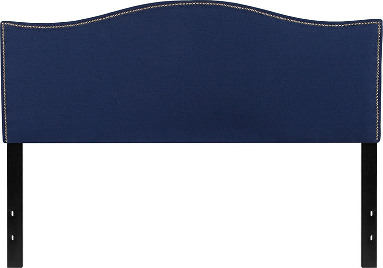 Upholstered Queen Size Headboard With Decorative Nail Trim in Navy Fabric