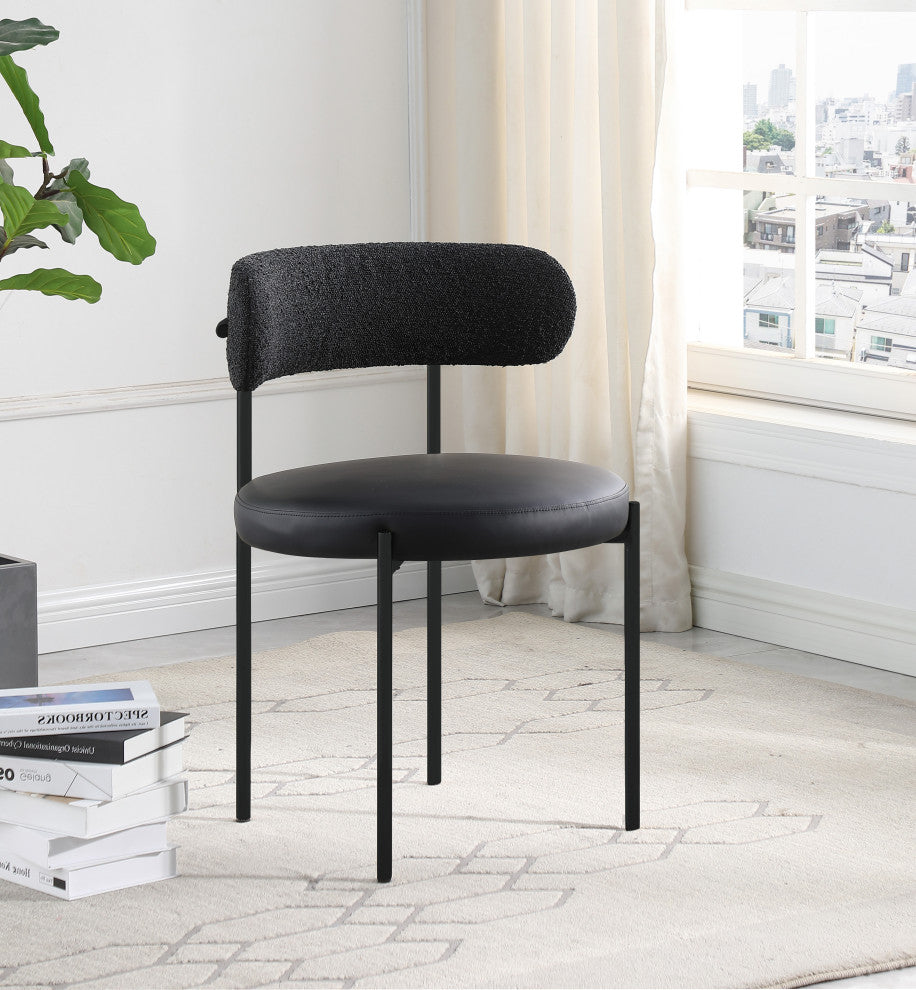 Beacon Dining Chair, Set of 2, Black, Vegan Leather and Boucle Fabric, Matte Black Finish