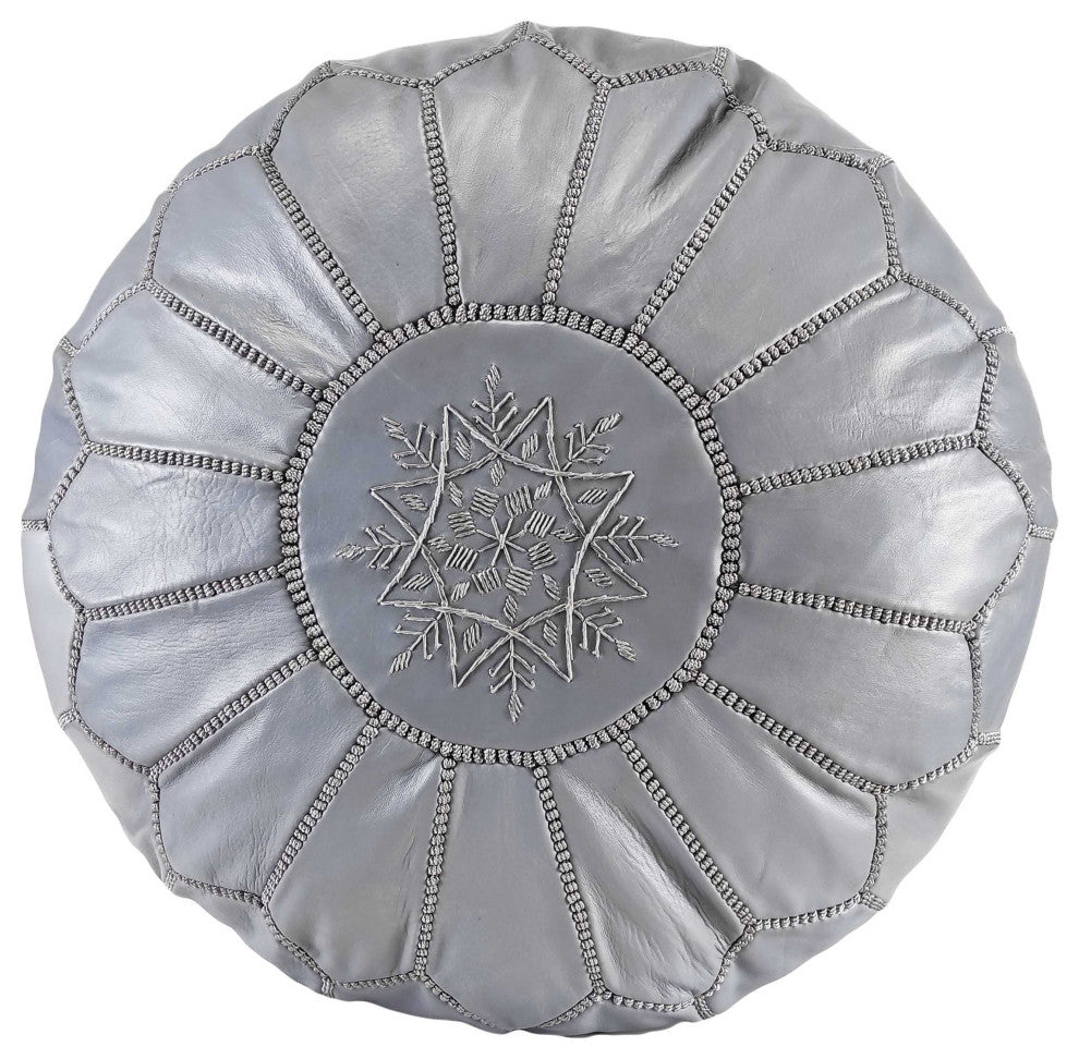Handmade Moroccan Ottoman, Genuine Leather Pouf, Gray