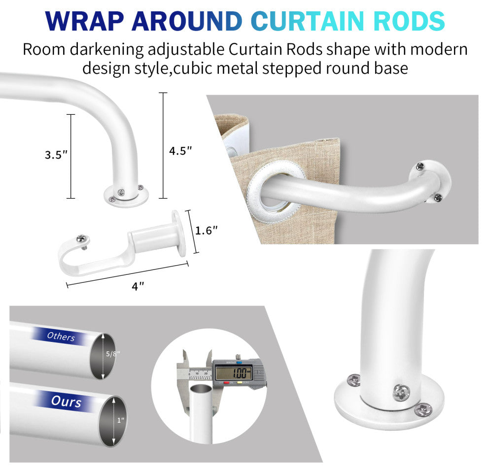 Energy Saving Wrap Around Black Out Return Adjustable Window Curtain Metal Rod, Glossy White, 28"-48"