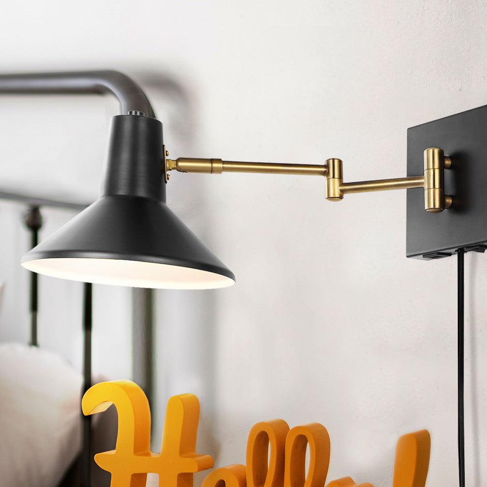 Hygge Swing Arm 1-Light Modern Midcentury Iron USB Charging Port LED Sconce, Bla