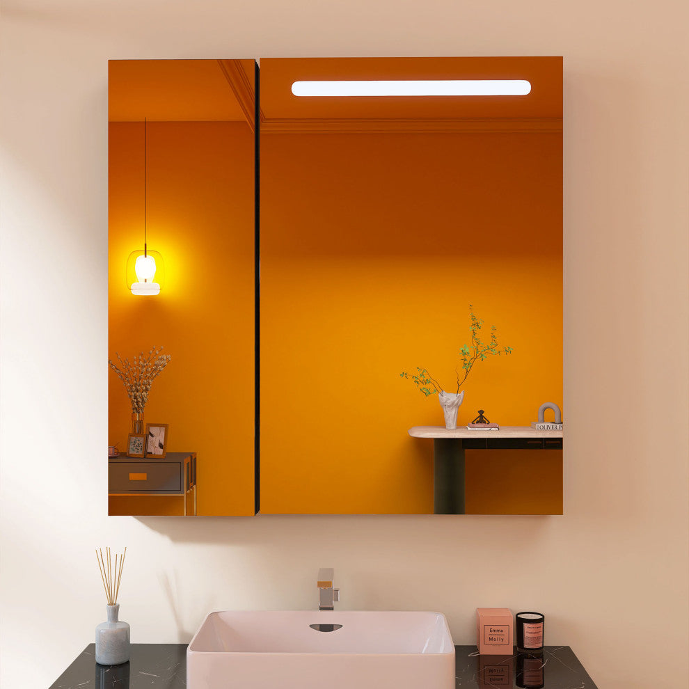 30" Aluminum Surface Mount 2-door Medicine Cabinet with Mirror and LED Lighted