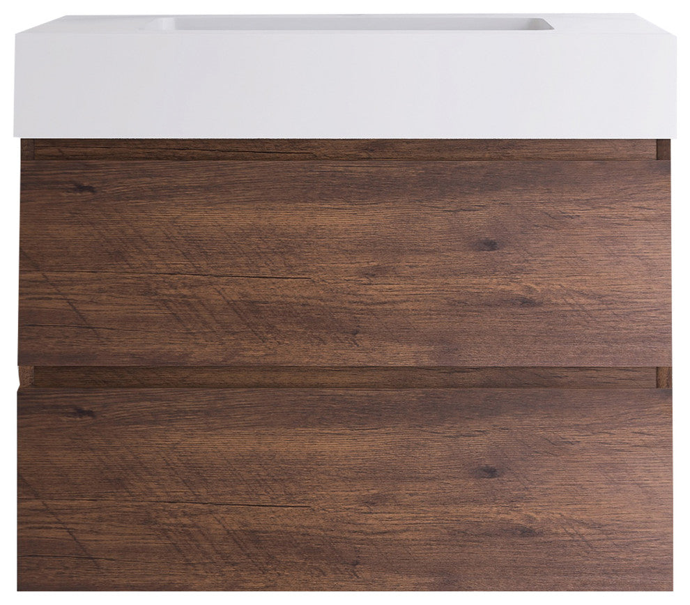 Wood Wall-Mounted Bathroom Vanity Set with Integrated Resin Sink, Walnut, 30"