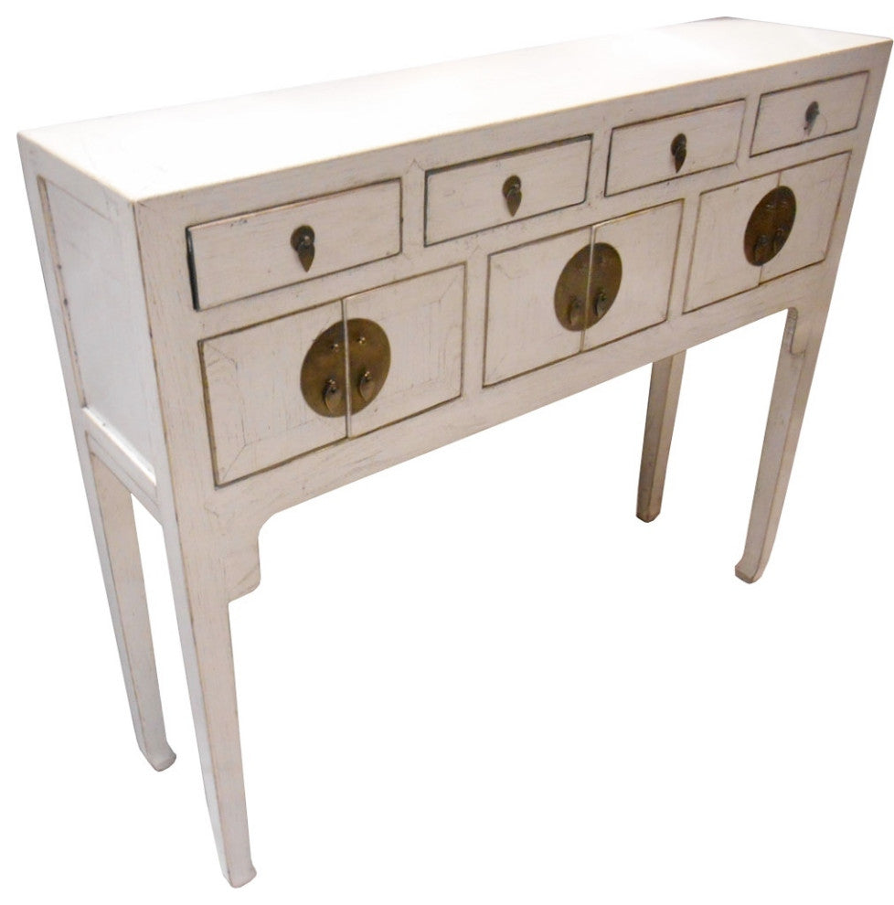 Chinese Console Lacquer Lady Chest, Antique White With Gold Highlight