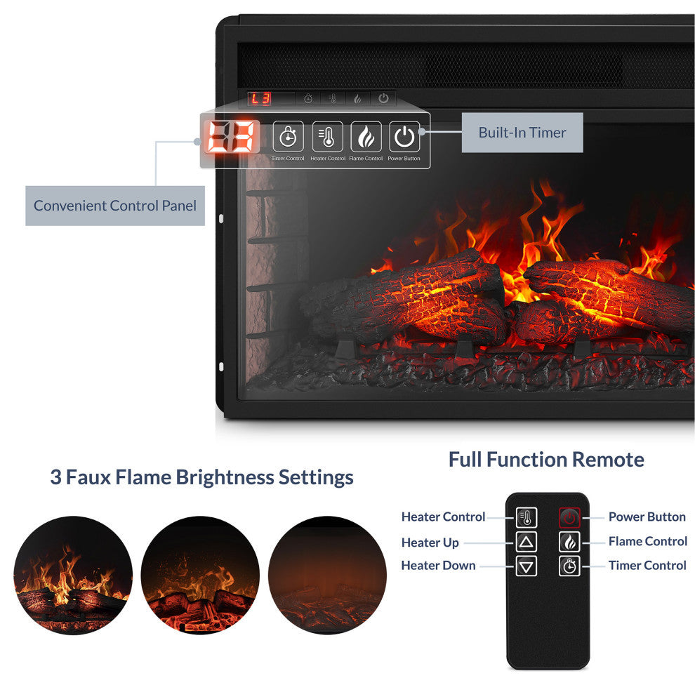 26" Electric Insert Fireplace Heater Timer Flame with Remote, Black