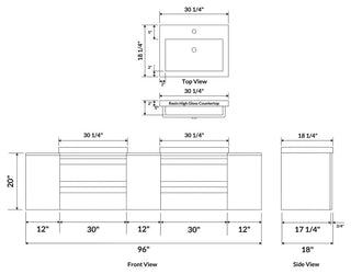 Wall-Mount White Vanity Set - Two Sink Bases Three 12 Side Bases, 96"