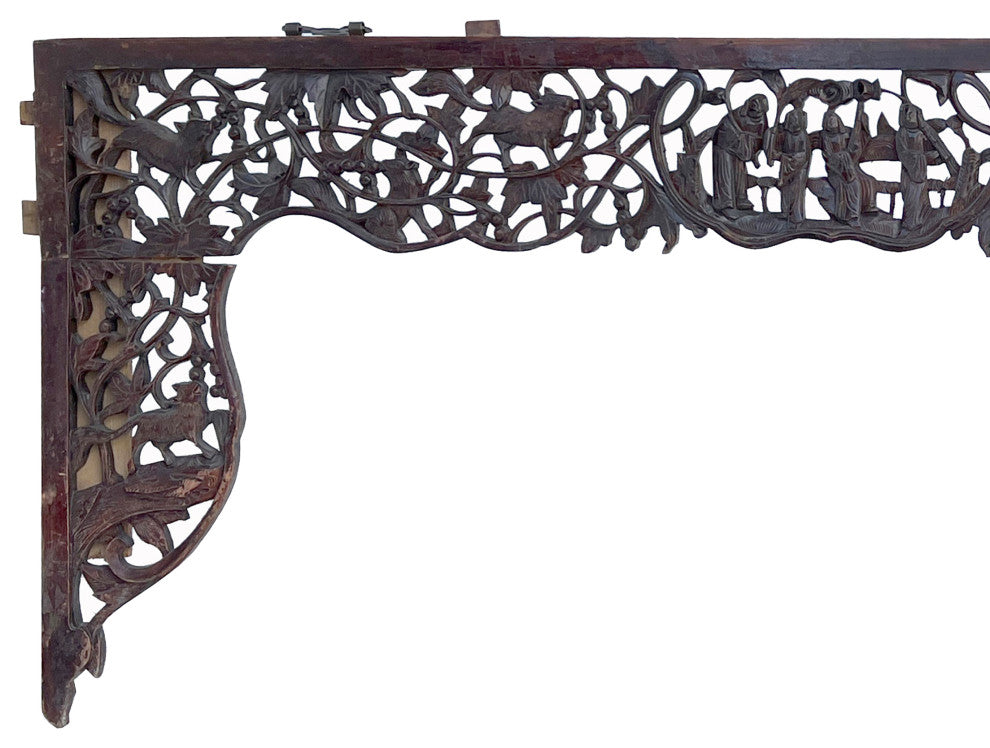 Chinese Vintage Relief Scenery Carving Arch Shape Wood Wall Art Hws3130