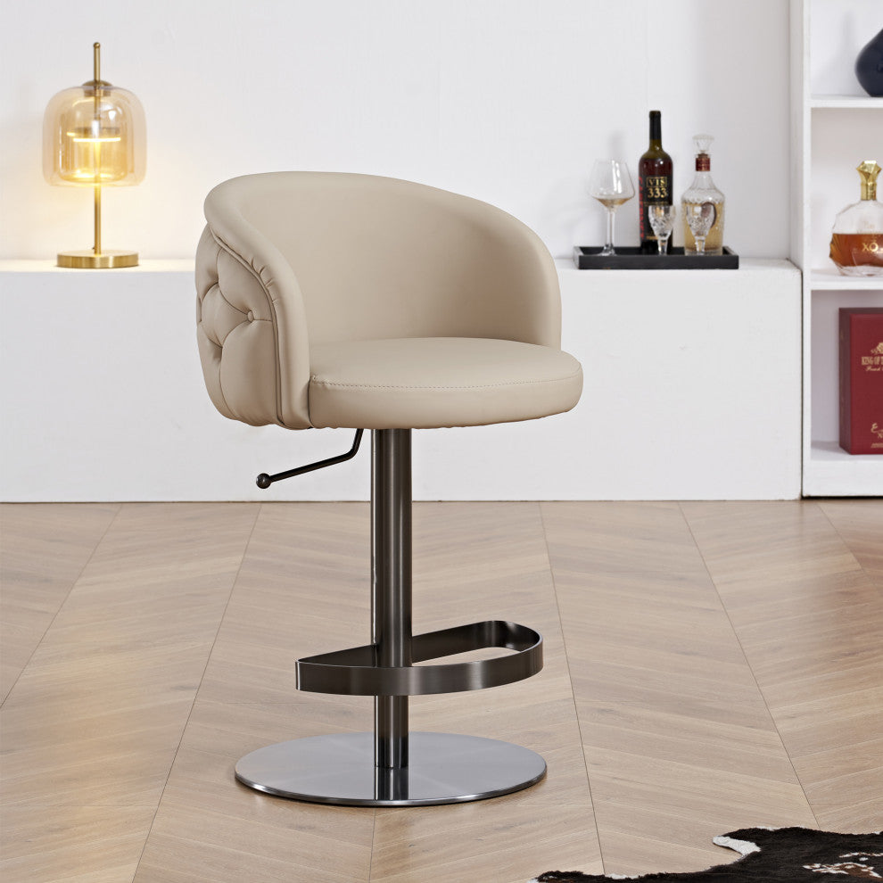 Khaki Leather Adjustable Height Swivel Bar stool, Black Chrome