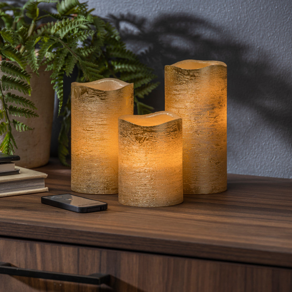 Set of 3, Gold Wavy Edge Wax Candles With Soft Flicker Glow WithRemote