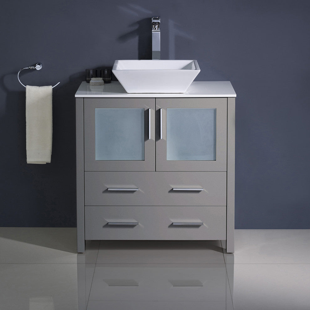 Torino Modern Bathroom Cabinet With Top and Vessel Sink, Gray, 30"