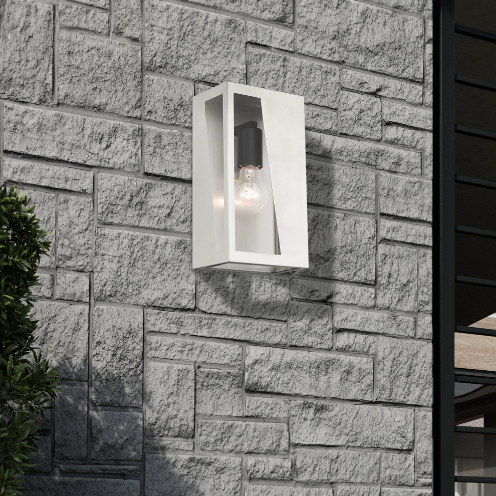 Forsyth 1-Light Brushed Nickel Outdoor Medium ADA Wall Lantern, Black Accents