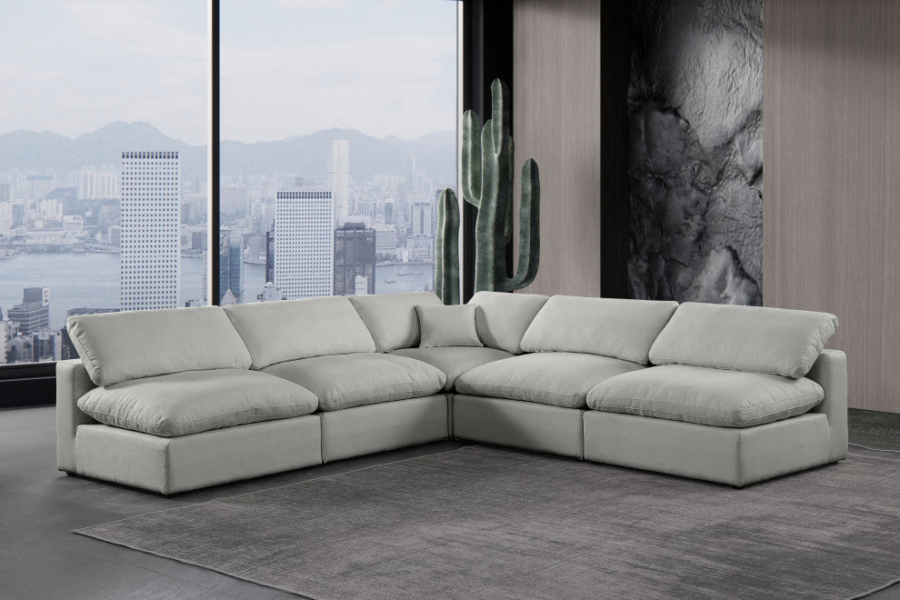 Comfy Upholstered L-Shaped Modular Sectional, Grey, 5-Piece: 4 Armless Chair, 1 Corner Chair, Linen Textured Fabric