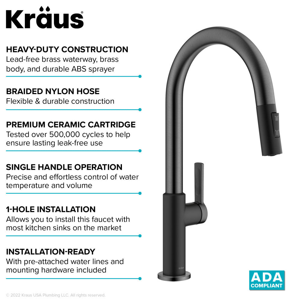 Oletto Pull-Down 1-Hole Kitchen Faucet, Matte Black/Spot Free Black Stainless