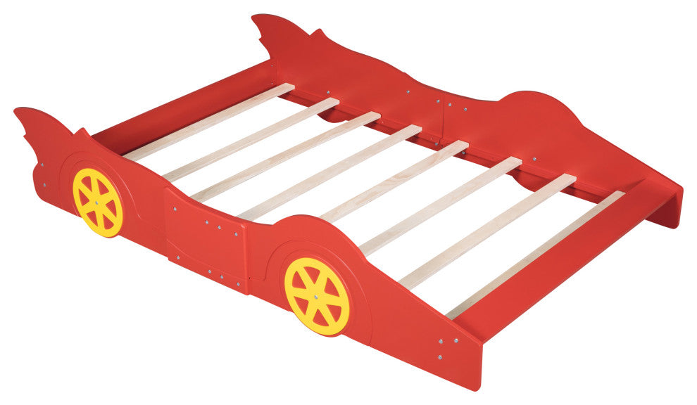 Gewnee Wood Full Size Car Shaped Platform Bed with Wheels for Kids in Red