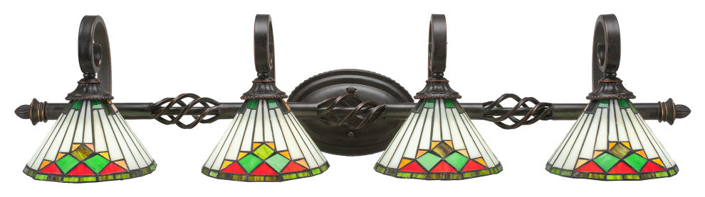 Elegante 4 Light Bath Bar, 7" Green Sunray Tiffany Glass