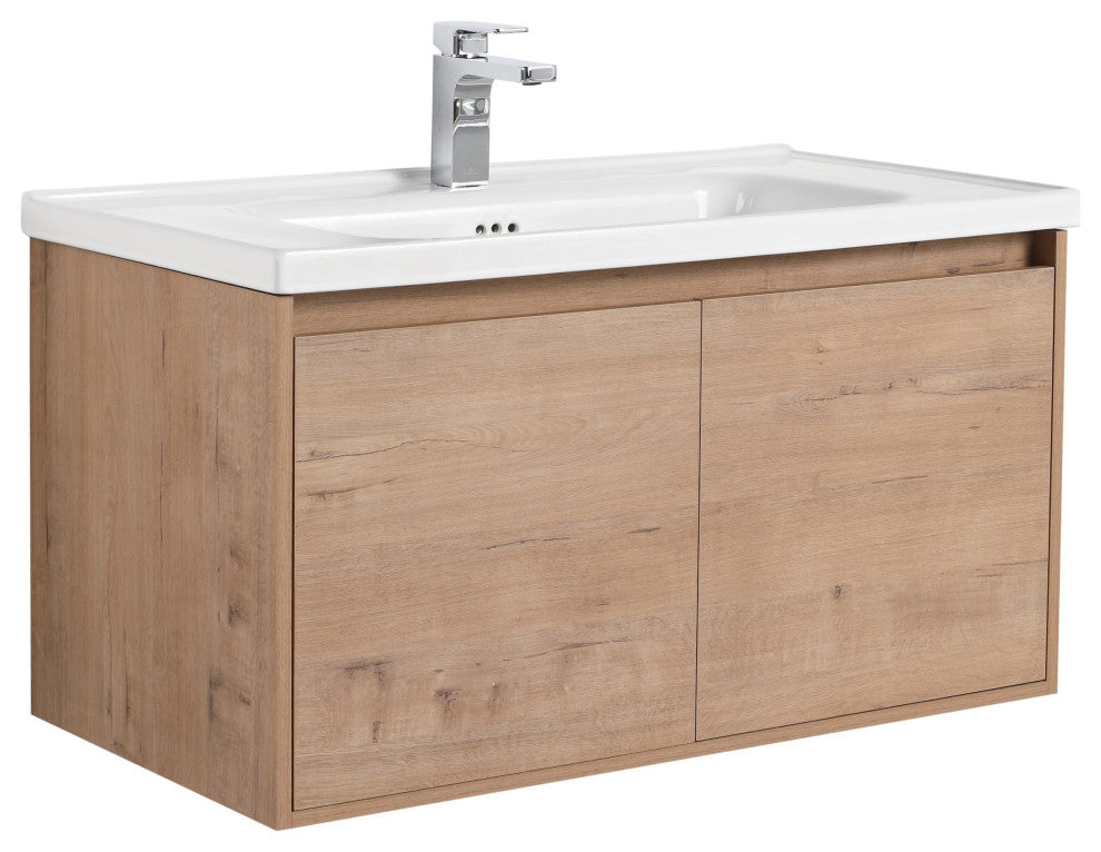 Wall Mounted Bathroom Vanity, Classic Oak, 36" W/ Sink