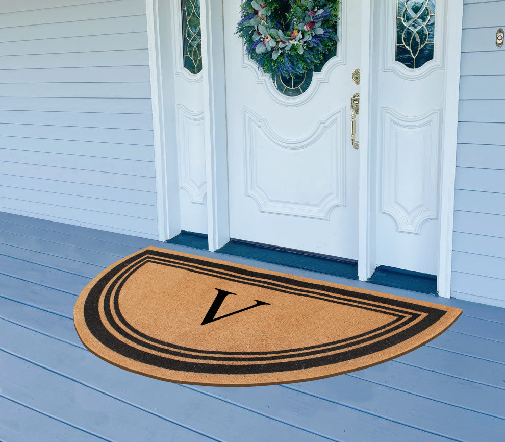 A1HC Natural Coir Flock Monogrammed Door Mat for Front Door, 30x60, V