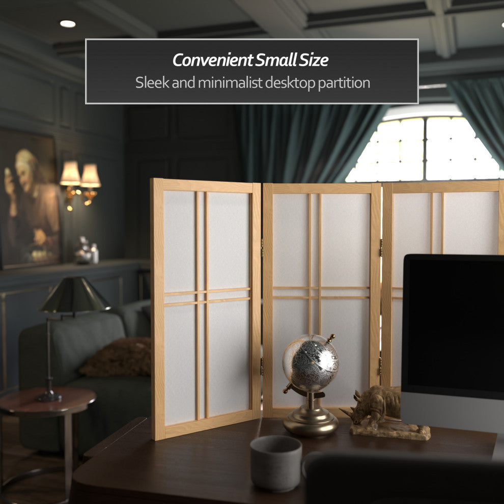 2' Tall Desktop Double Cross Shoji Screen, Natural, 3 Panels