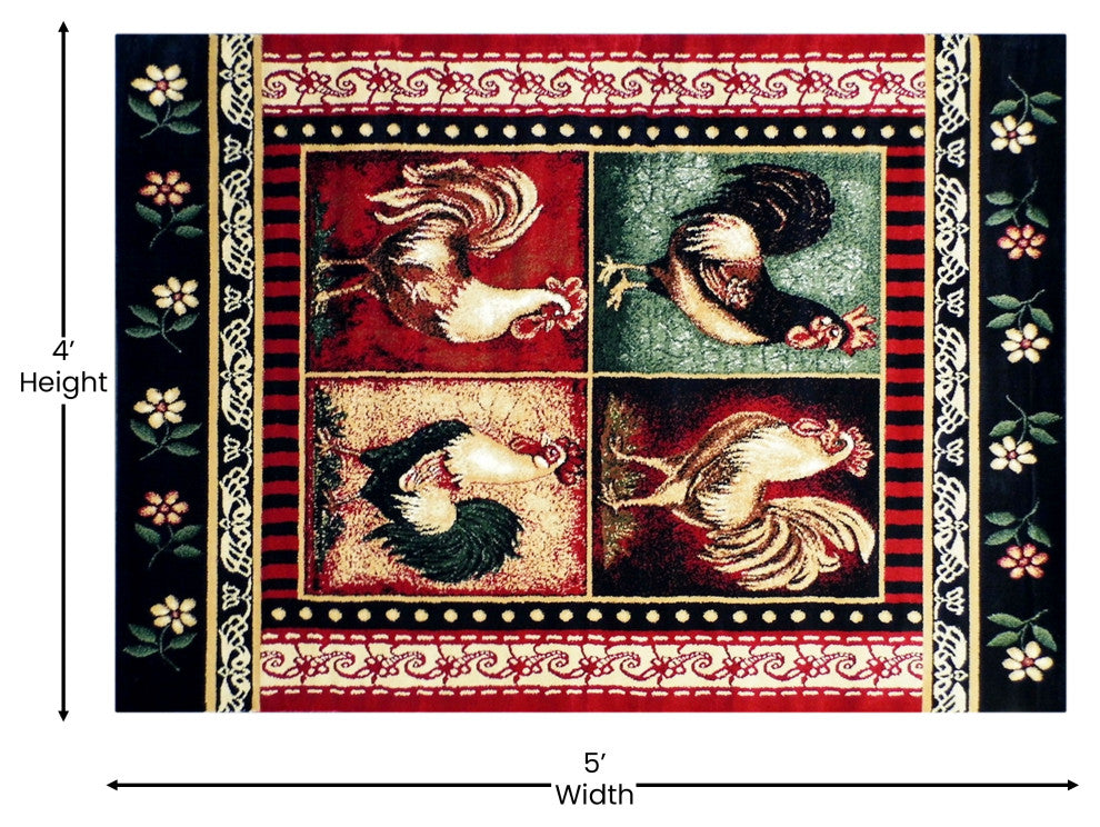 Angie Collection Rectangle 4' x 5' Red Rooster Themed Area Rug